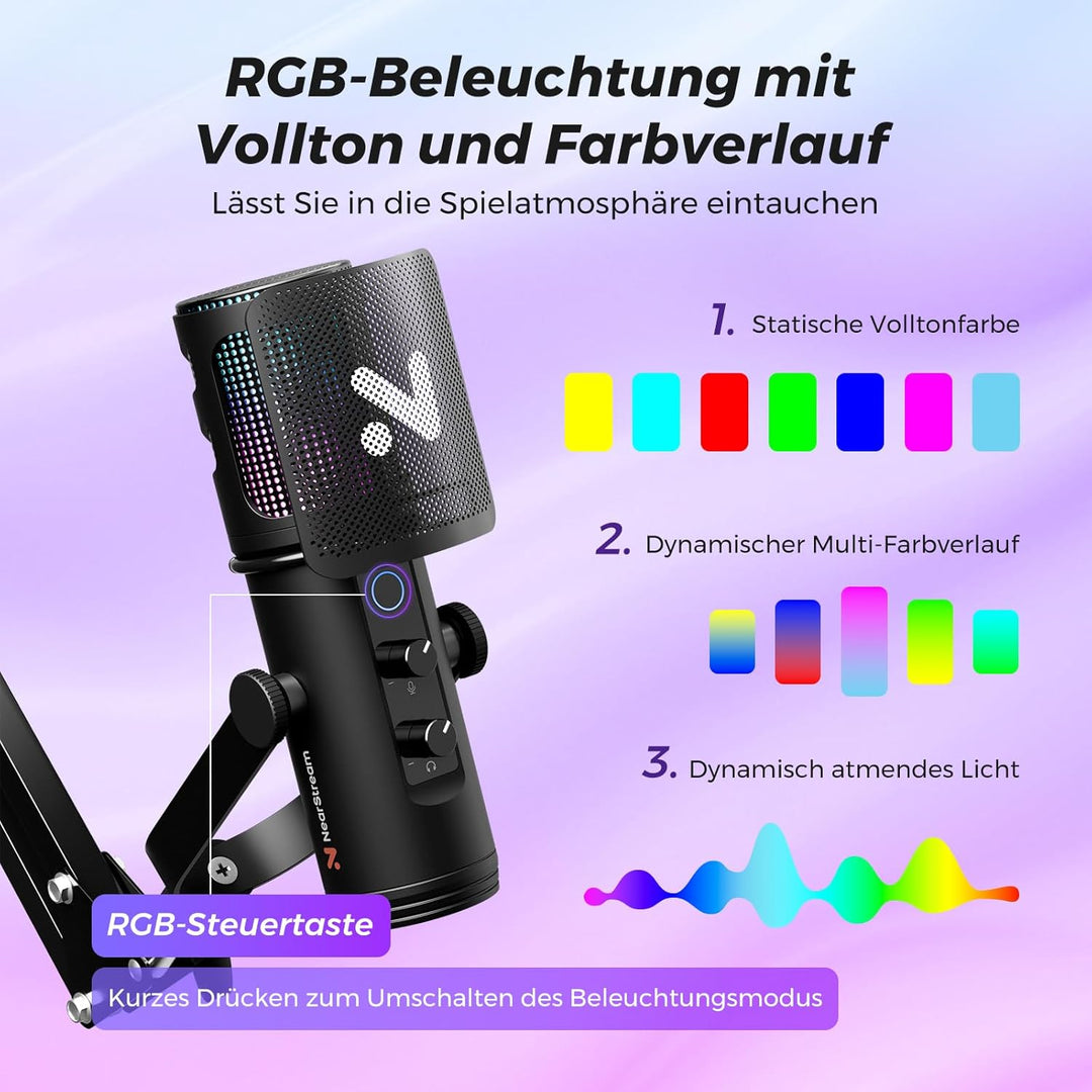NearStream Gaming Mikrofon für PC, USB Mikrofon mit Rauschunterdrückung/RGB Licht/Stummschaltung/Ver