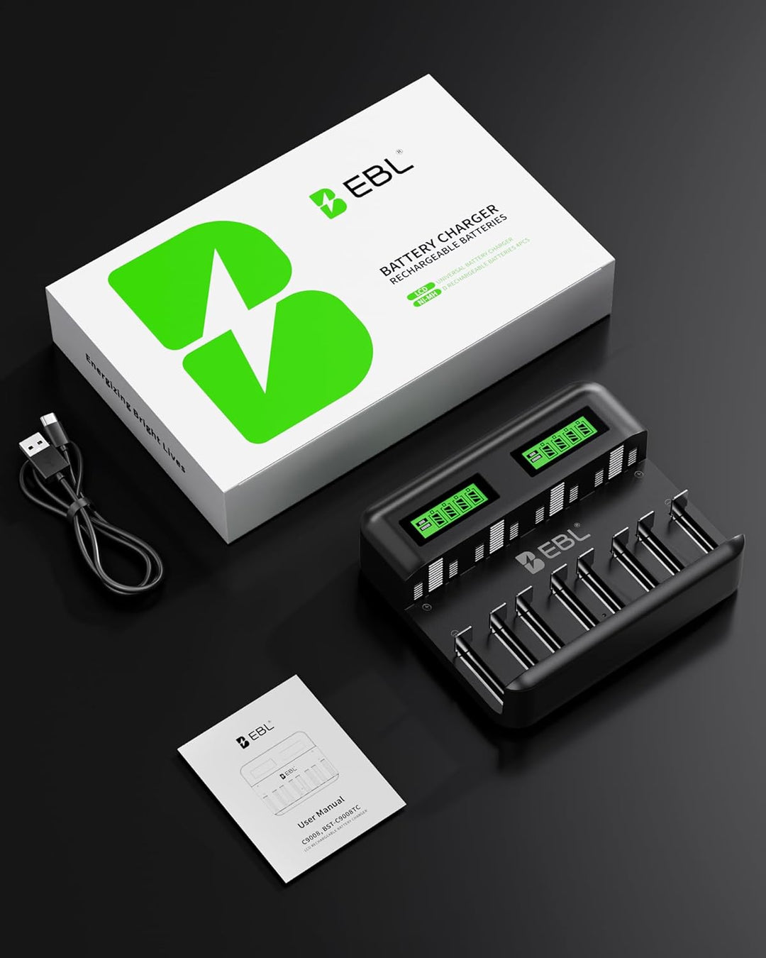 EBL Akku Ladegerät für AA AAA C D NI-MH Akkus Type C Input Schnell Ladegerät, LCD Anzeige Batterienl