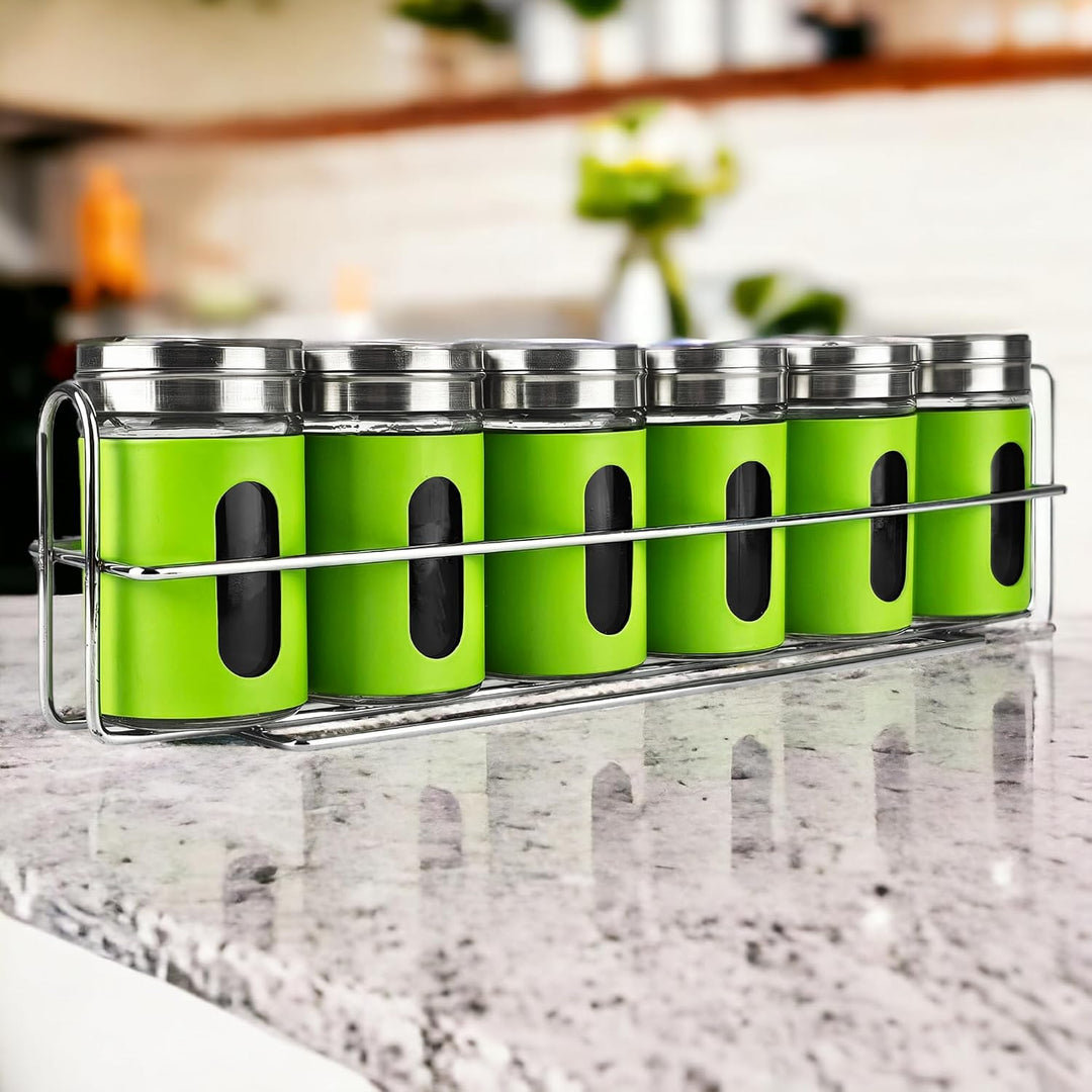 Gewürzgläser - 12er Set - inkl. 2 x Gewürzregal - Salzstreuer Pfefferstreuer aus Glas &amp; Edelstahl -