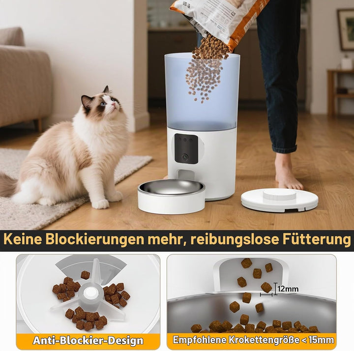 Futterautomat Katze 5L mit Kamera für Trockenfutter, WiFi APP-Steuerung | HD Bewegungserkennung &amp; Fa