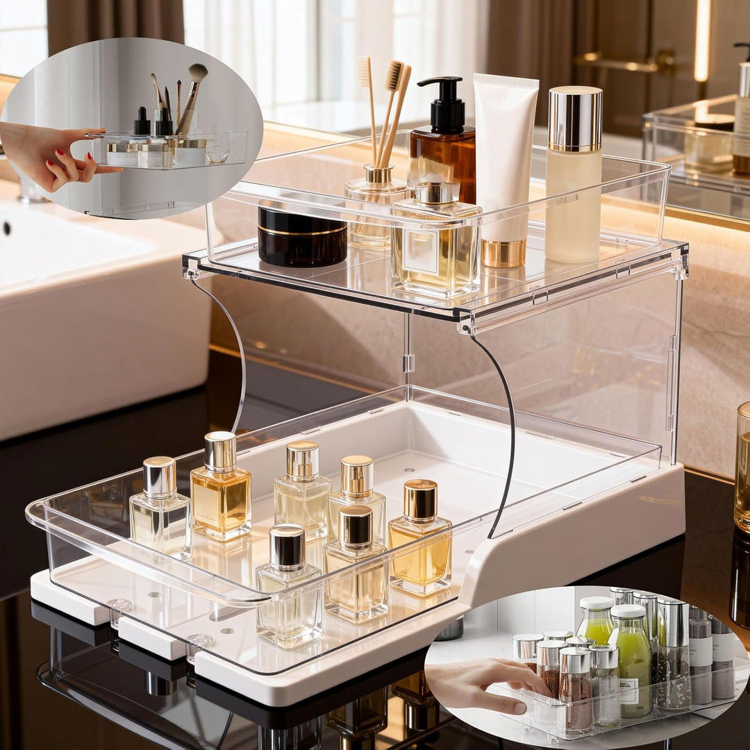 2er Set Badablage Organizer mit Schubladen, 2-stufig drehbar, transparenter Badezimmer Organizer für