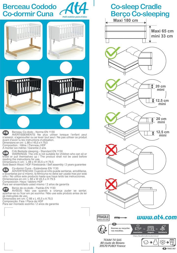 AT4 - Umwandelbare Co-Sleeping-Wiege CONFORT Holz Weiss und Buche Lackiert 40 x 80 Kinderbett Weiss/