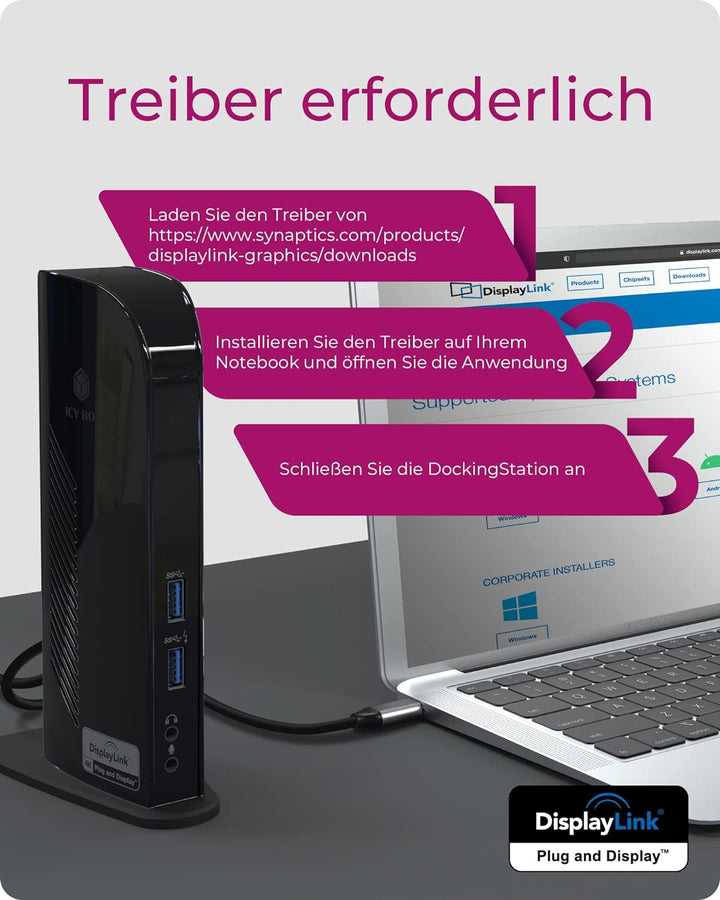 ICY BOX USB-C Docking Station (11-in-1) für 2 Monitore (2x DisplayPort), 4K 60Hz, 6-fach USB 3.0 HUB