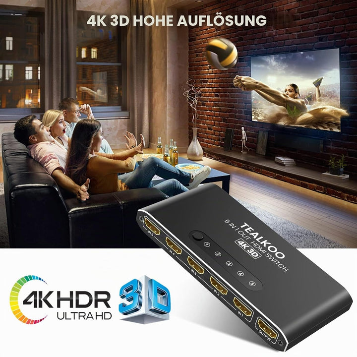 HDMI Splitter HDMI Switch, 4K Aliminium HDMI Switch 5 In 1 Out Automatisch HDMI Switcher mit Fernbed