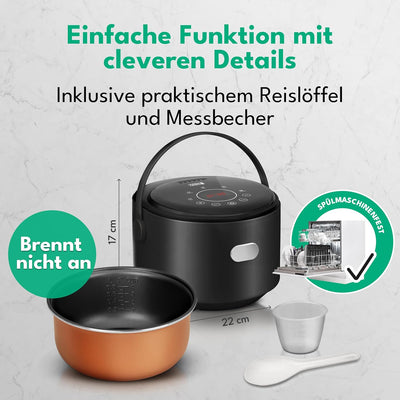 LEBENLANG Digitaler Reiskocher mit Warmhaltefunktion - Inkl. Timer & Messbecher und Reislöffel I 0,8