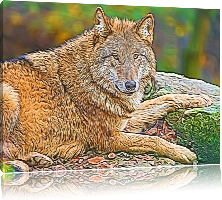 stolzer Wolf auf Stein Deluxe Format: 100x70 cm auf Leinwand, XXL riesige Bilder fertig gerahmt mit