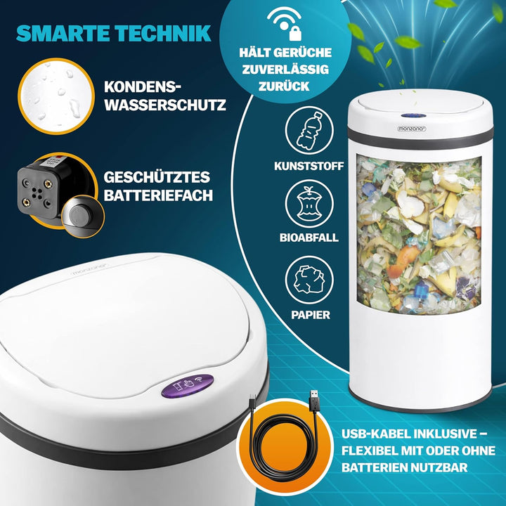 Monzana® Mülleimer Küche mit Sensor Leise 30L Edelstahl USB Ladekabel Deckel Berührungslos Abfalleim