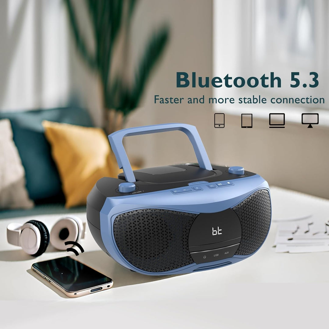 LONPOO Tragbarer CD-Player | Stereo Bluetooth Boombox | FM Radio-Drehknopf | Auto-Deckel-Öffnen-Knop