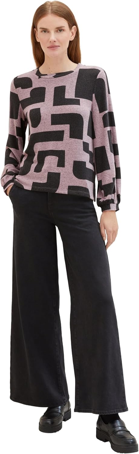 TOM TAILOR Damen Langarmshirt mit Muster S 35135 - Mauve Black Geometric Print, S 35135 - Mauve Blac