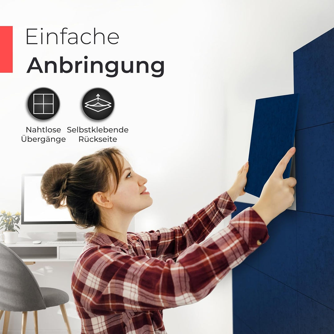 Akustikpaneele selbstklebend – 9er-Set | 30x30cm | Akustikfilz Royalblau, extra dick 15mm – 3D Wandp