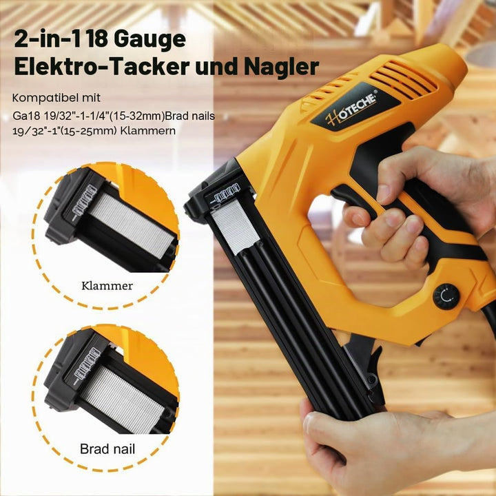 Hoteche 9A Elektrotacker 2-in-1 | 20pcs/min | 100-Nagelkapazität | VDE Stecker | Gelb-Schwarz | 400p