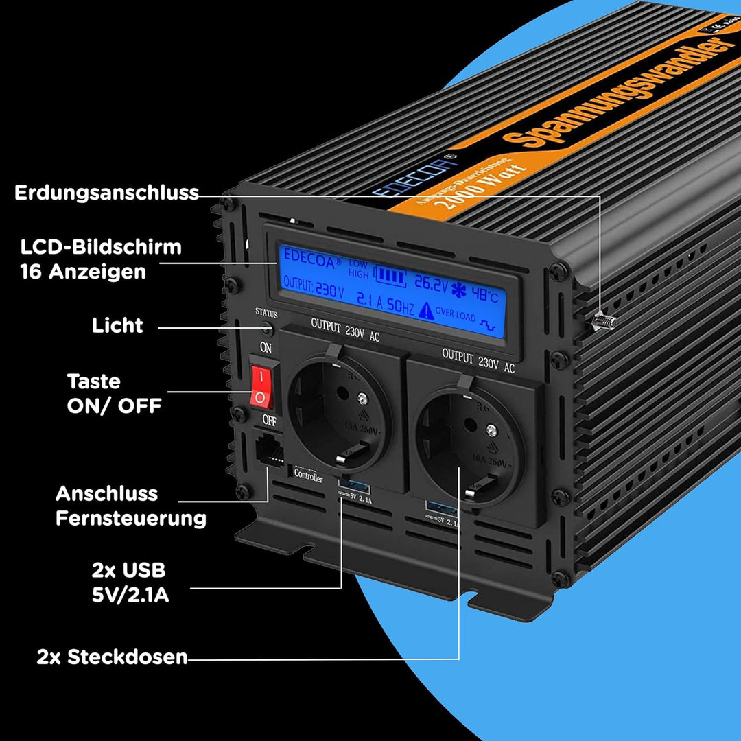 EDECOA Wechselrichter 2000w Spannungswandler 24v 230v Wechselrichter modifizierte Sinus 24v 220v LCD