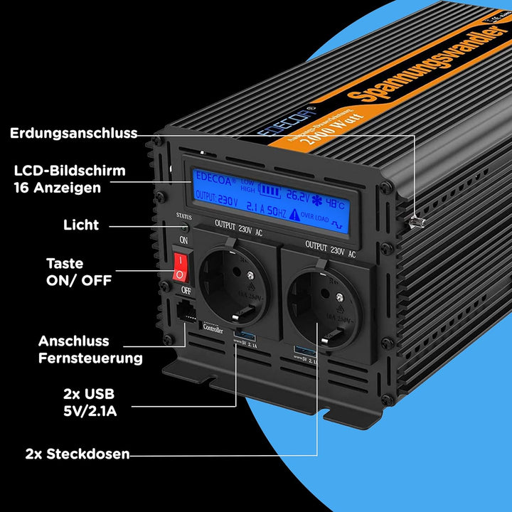 EDECOA Wechselrichter 2000w Spannungswandler 24v 230v Wechselrichter modifizierte Sinus 24v 220v LCD