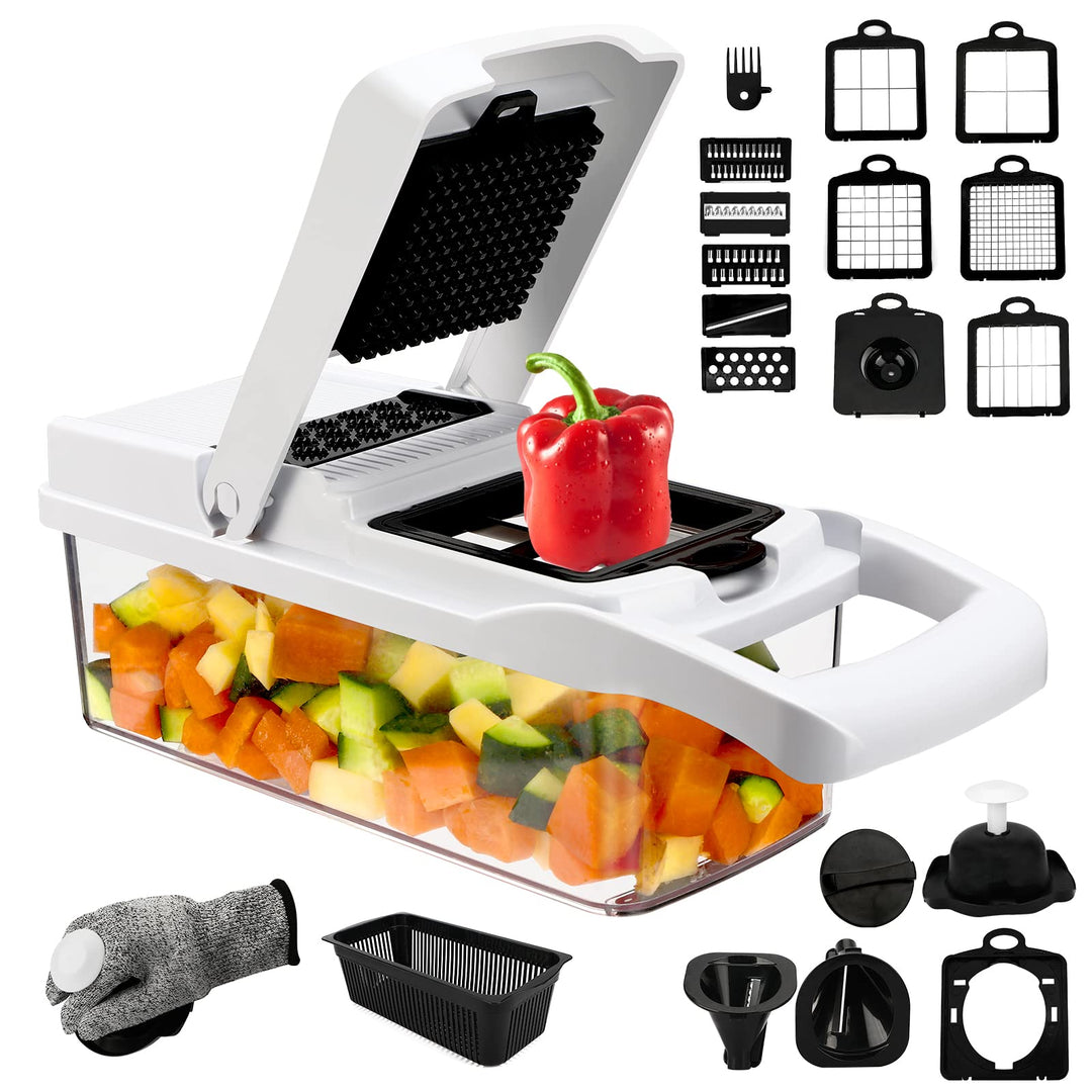 23 in 1 Gemüseschneider, Gemüse Schneider mit 12 Klingen Edelstahl und Handschuhe, Würfelschneider Z