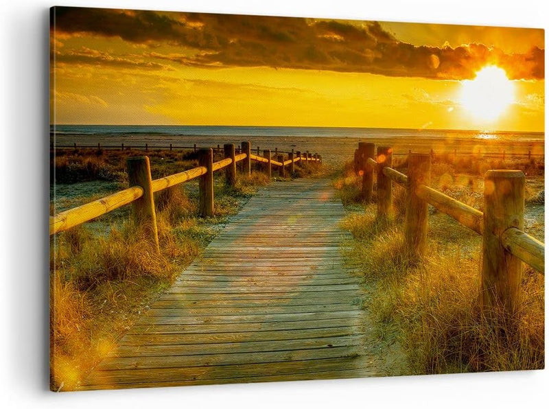 Bilder auf Leinwand 100x70cm Leinwandbild Fussgängerbrücke Strand Urlaub Sonne Gross Wanddeko Bild S