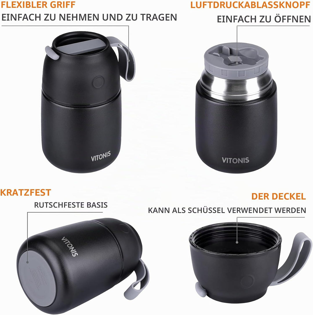 Thermobehälter für Essen 500ml &amp; 700ml Edelstahl Warmhaltebebehälter mit faltbaren Löffel, Speissen,