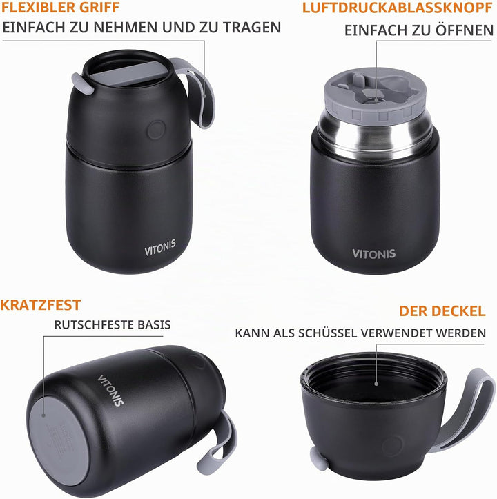 Thermobehälter für Essen 500ml &amp; 700ml Edelstahl Warmhaltebebehälter mit faltbaren Löffel, Speissen,