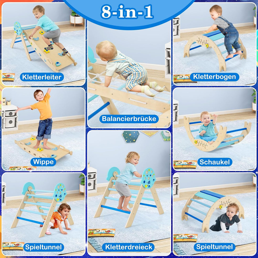 COSTWAY Klettergerüst Indoor 4er Set, klappabres Kletterdreieck mit Rutsche, Kletterbogen, Netz, ink