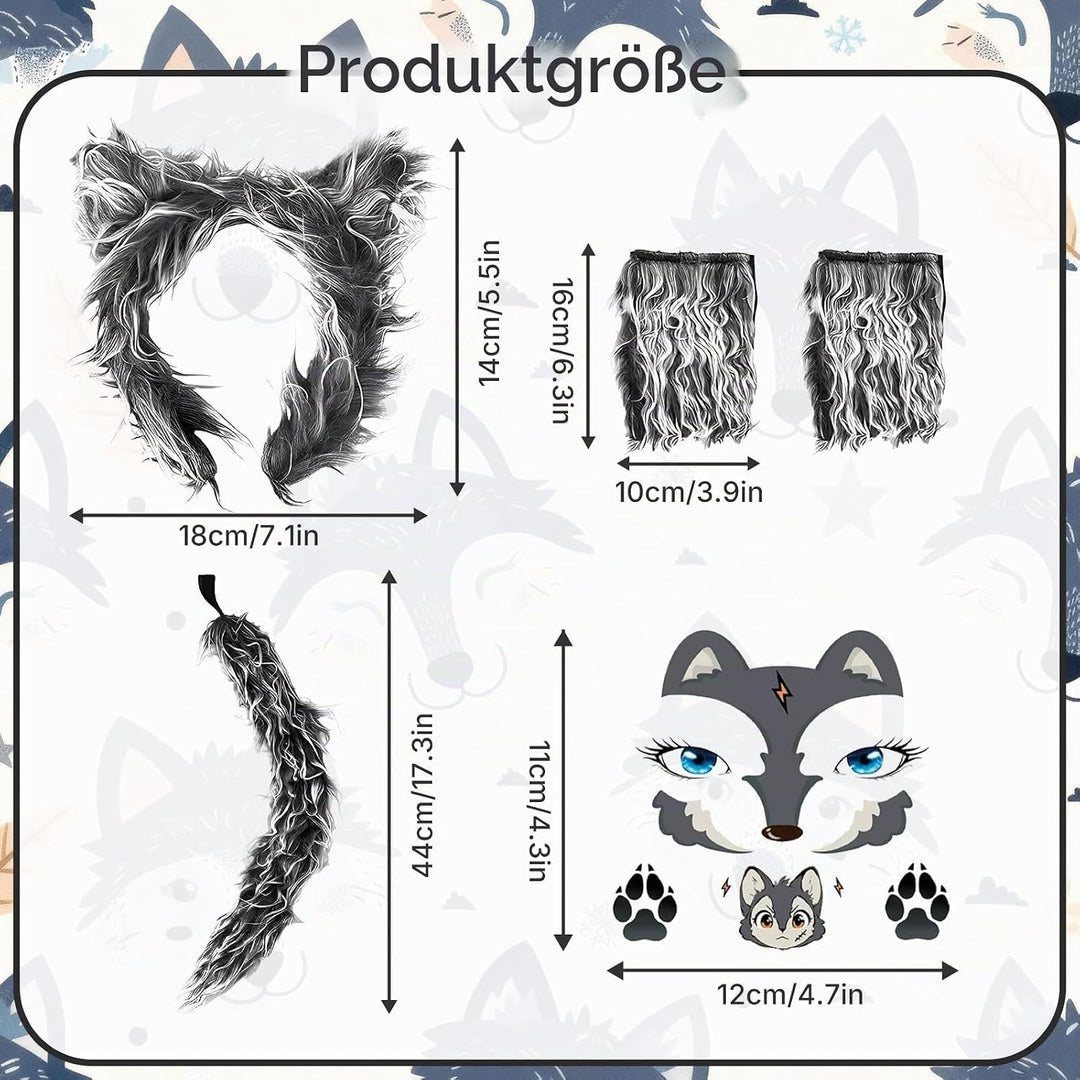 Wolfskostüm-Zubehör-Set, Wolfsohren, Handschuhe, Wölfe, Schwanz, Wölfe, Gesicht, Aufkleber, Kostüme