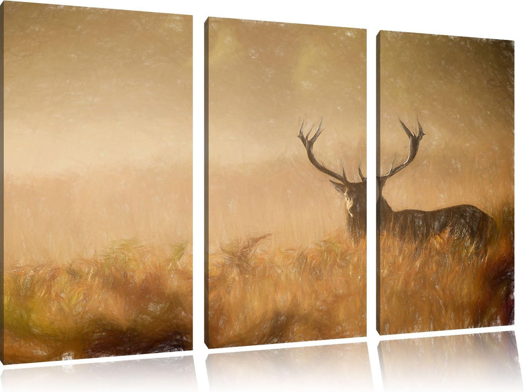 Pixxprint Rotwild Hirsch im Nebel als Leinwandbild/Grösse: 3 Teilig (120x80 cm) cm/Wandbild/Kunstdru