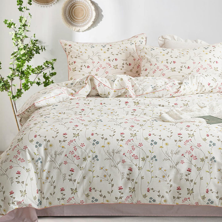 Freyamy Blumen Bettwäsche 135x200cm 2teilig Baumwolle Beige Rosa Bunt Floral Blätter Pflanzen Wende