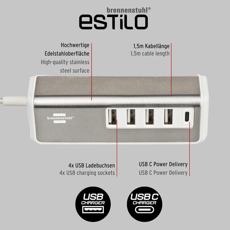 brennenstuhl®Estilo USB Ladegerät mit Schnellladefunktion/Mehrfach USB Ladestation mit Edelstahlober