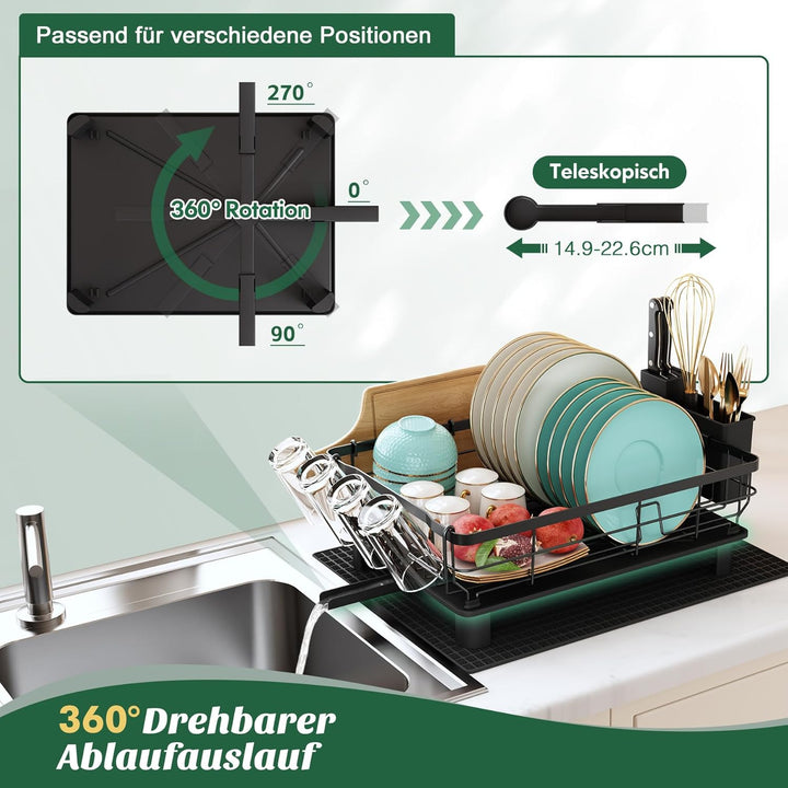 MAJALiS Abtropfgestell Geschirr, Geschirrabtropfgestell mit 360° Drehbarem Auslauf und Abtropfmatte,