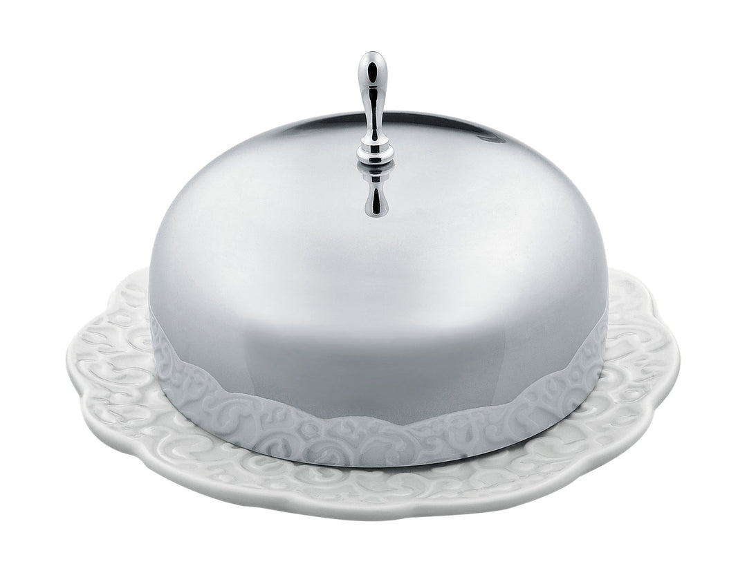 Alessi MW16 Dressed Butterdose rund aus Porzellan, Weiss, 16 x 13.5 x 32 cm
