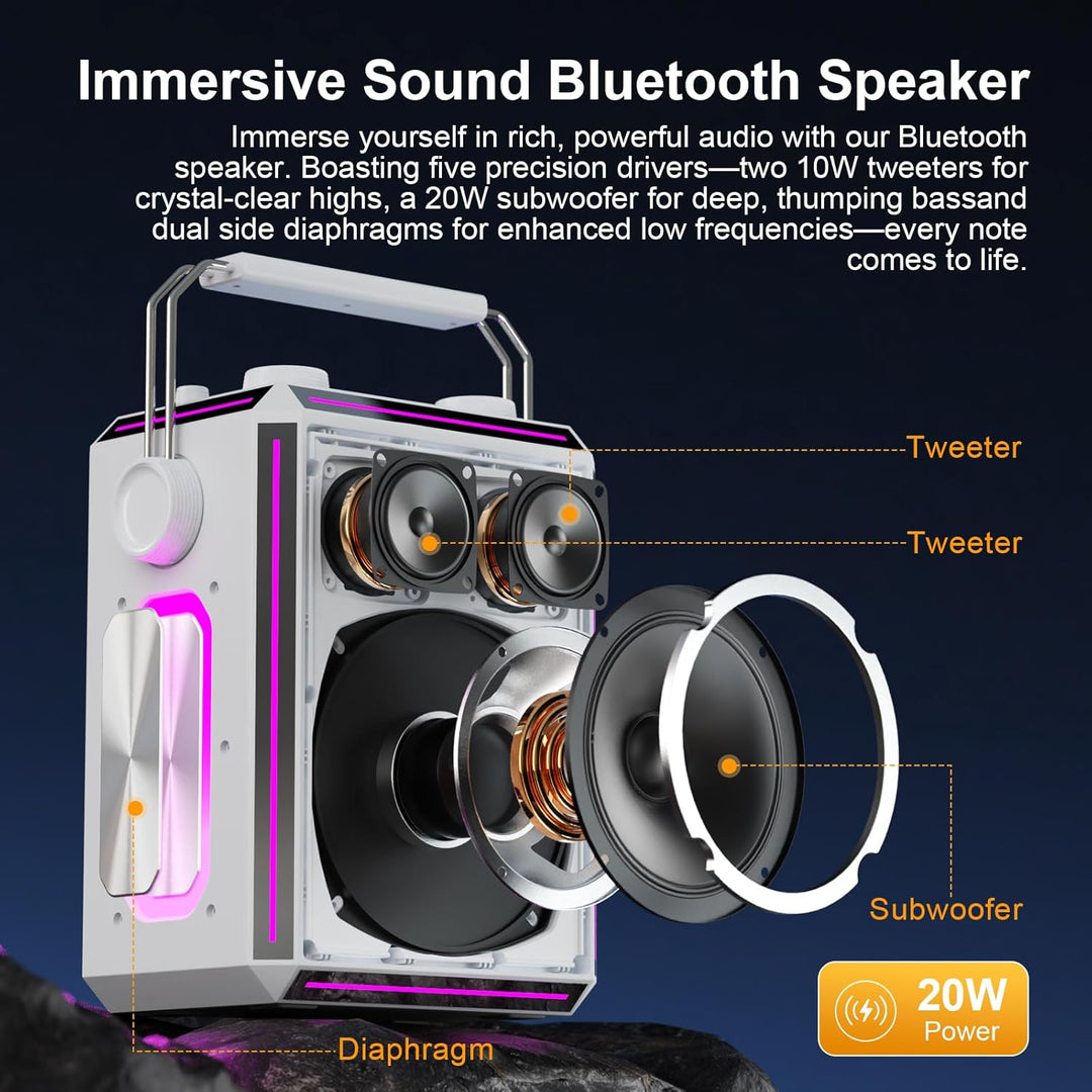 Tragbarer Bluetooth-Karaoke-Lautsprecher mit 2 kabellosen Mikrofonen, RGB-Beleuchtung, Höhen- und Ba