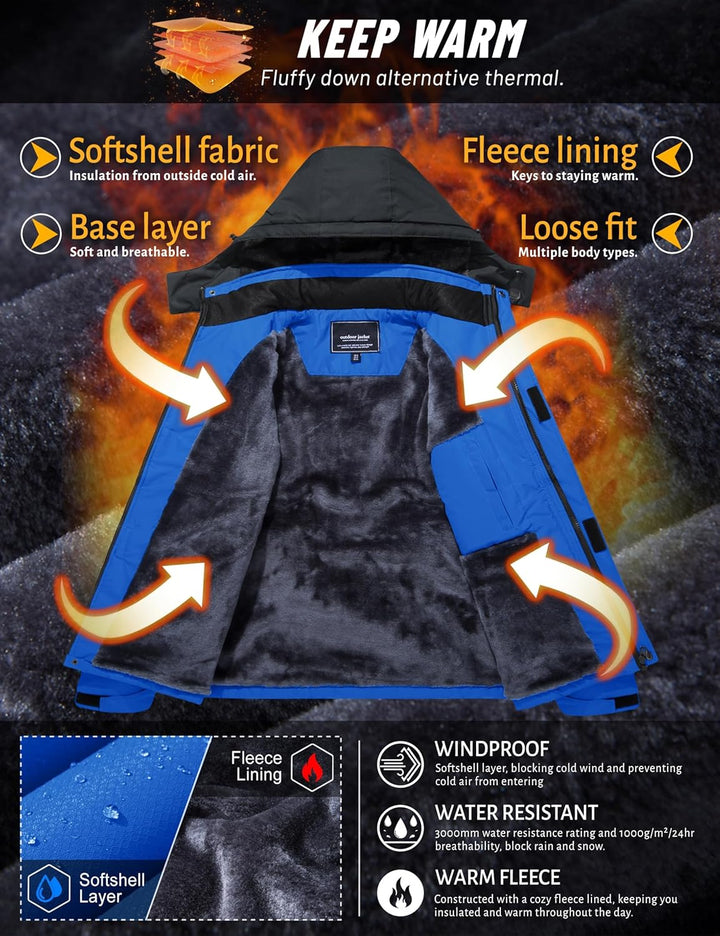 TACVASEN Herren Winter Wasserdichte Winddichte Winterjacke Warme Fleece-Futter Ski Regenmantel mit K
