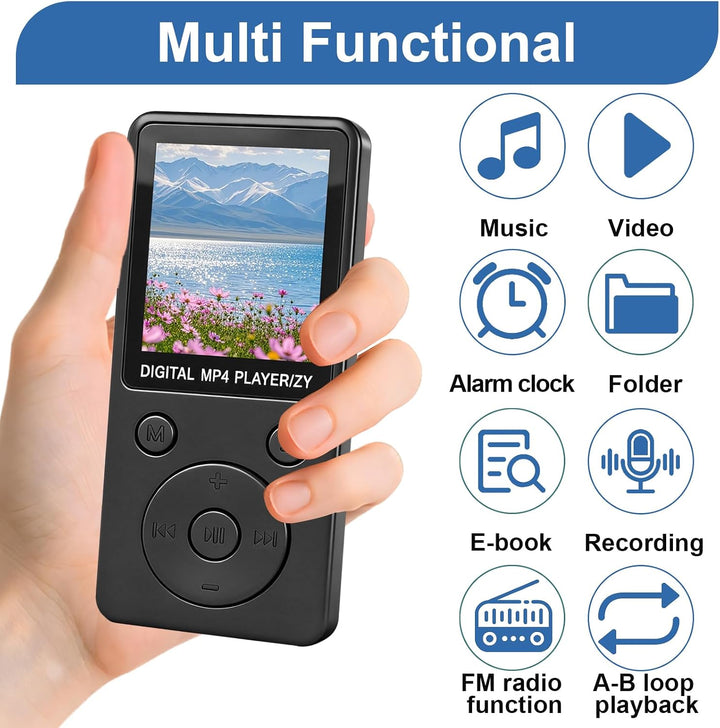MP3 Player Bluetooth 5.0 32GB mit Lautsprecher, 70 Std Musikplayer Verlustfreier Sound, 1,8 Zoll TFT