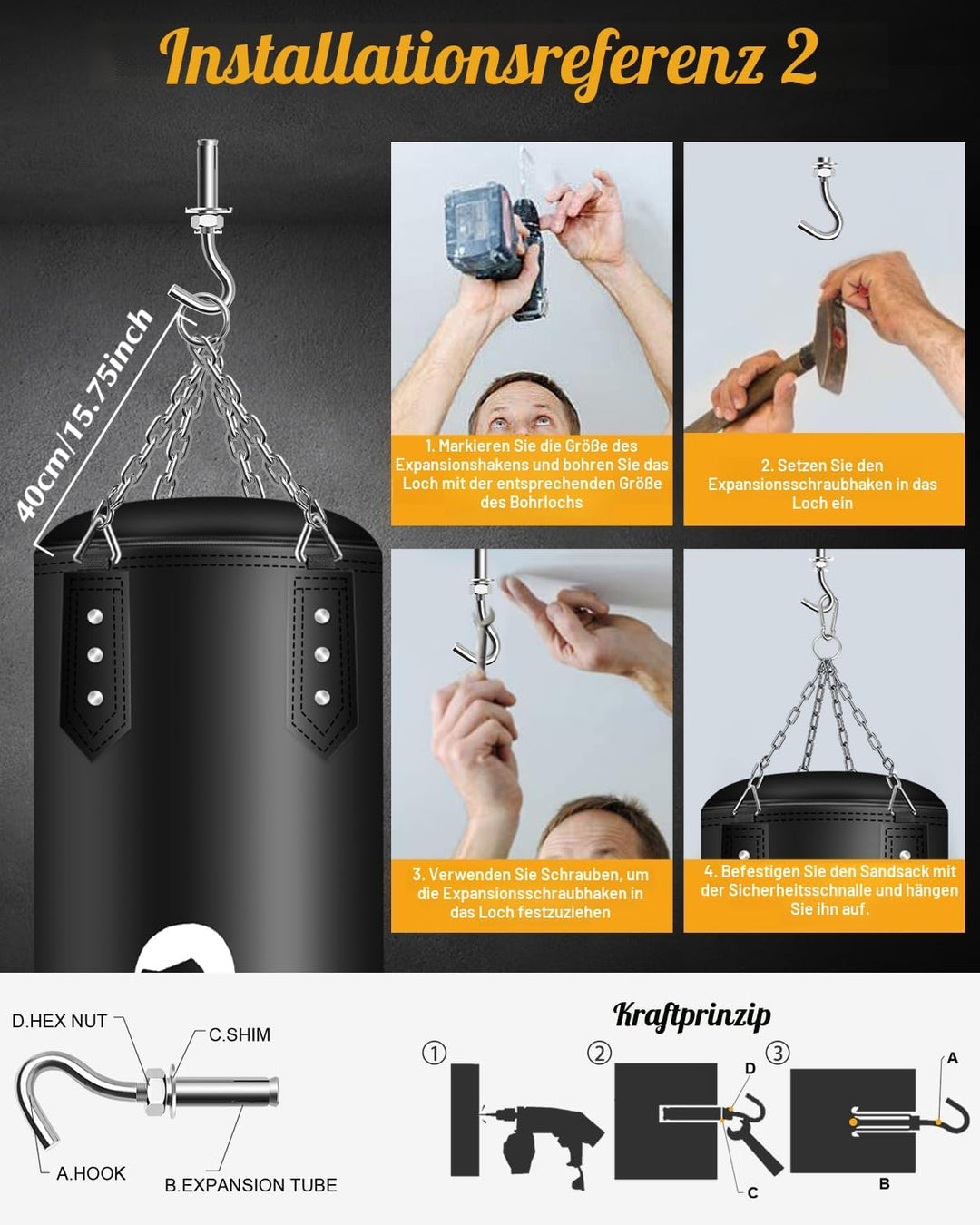 NZQXJXZ Boxsack Hängend Set, Ungefüllt 120cm Boxsack Erwachsene mit Einer vollständigen Palette von