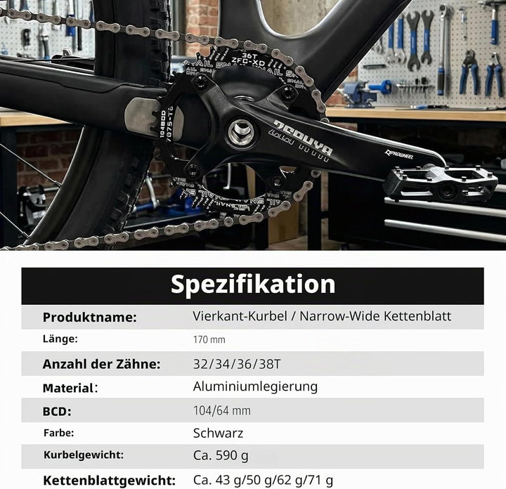 splumzer 170mm Vierkantkurbel für Mountainbike mit 104 Lochkreis 32/34/36/38T Kettenblatt, Wide Narr