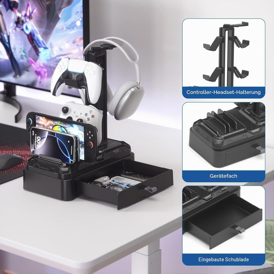 KDD Kopfhörer Ständer Gaming mit Schublade - Drehbare Headset Halterung Tisch &amp; Controller Halter PS