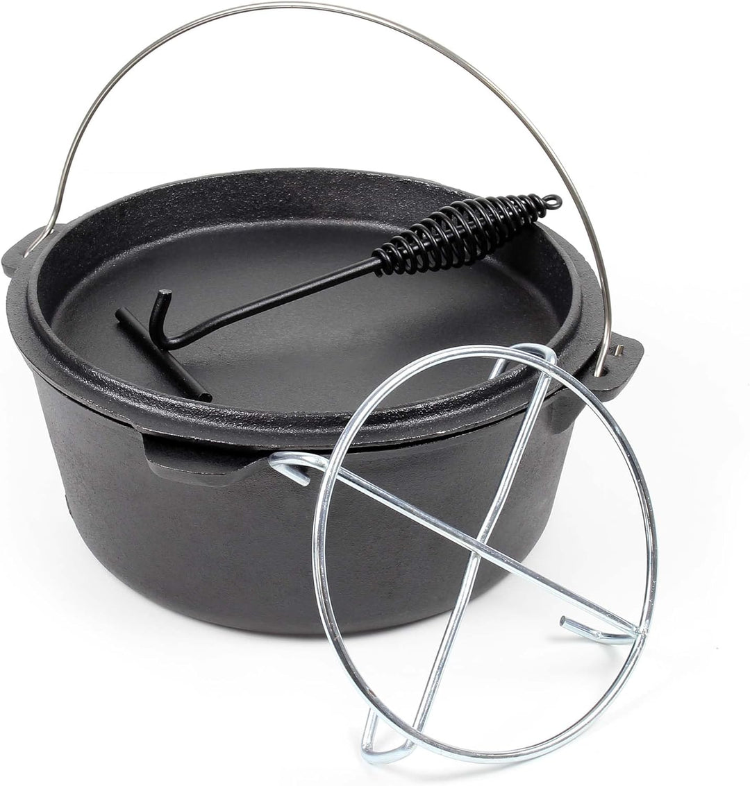 Dutch Oven 9l mit Untersetzer und Deckelheber, Kochtopf aus Gusseisen für Lagerfeuer und Camping