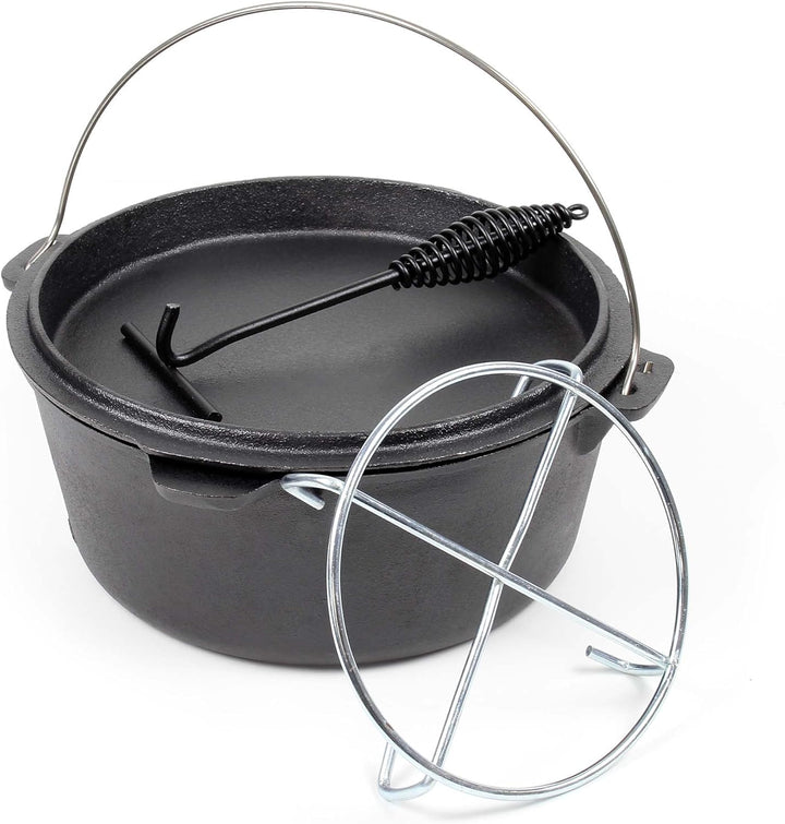 Dutch Oven 9l mit Untersetzer und Deckelheber, Kochtopf aus Gusseisen für Lagerfeuer und Camping