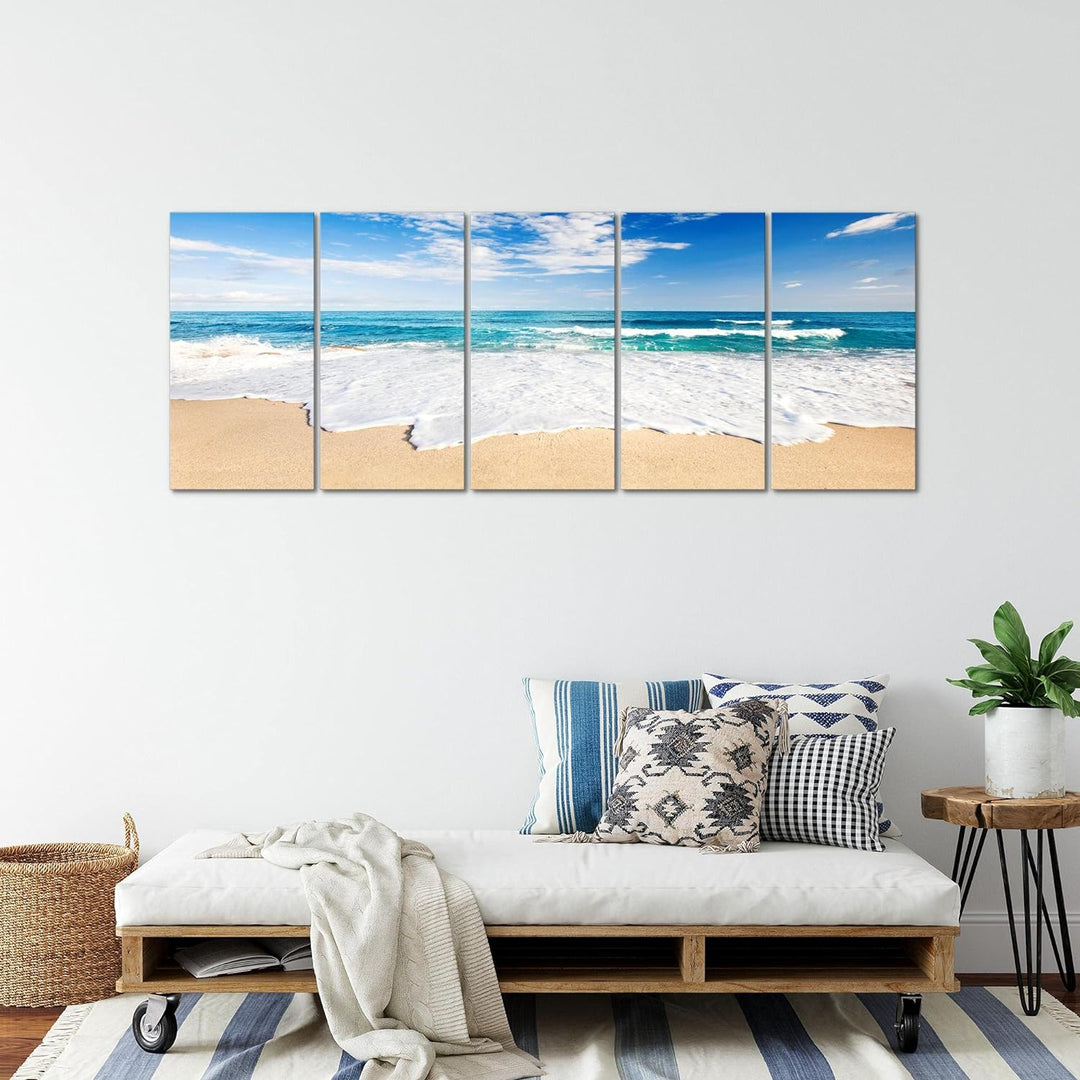 Runa Art Wandbild XXL Strand Meer Schlafzimmer Wohnzimmer 200 x 80 cm Beige Blau 5 Teilig - Made in