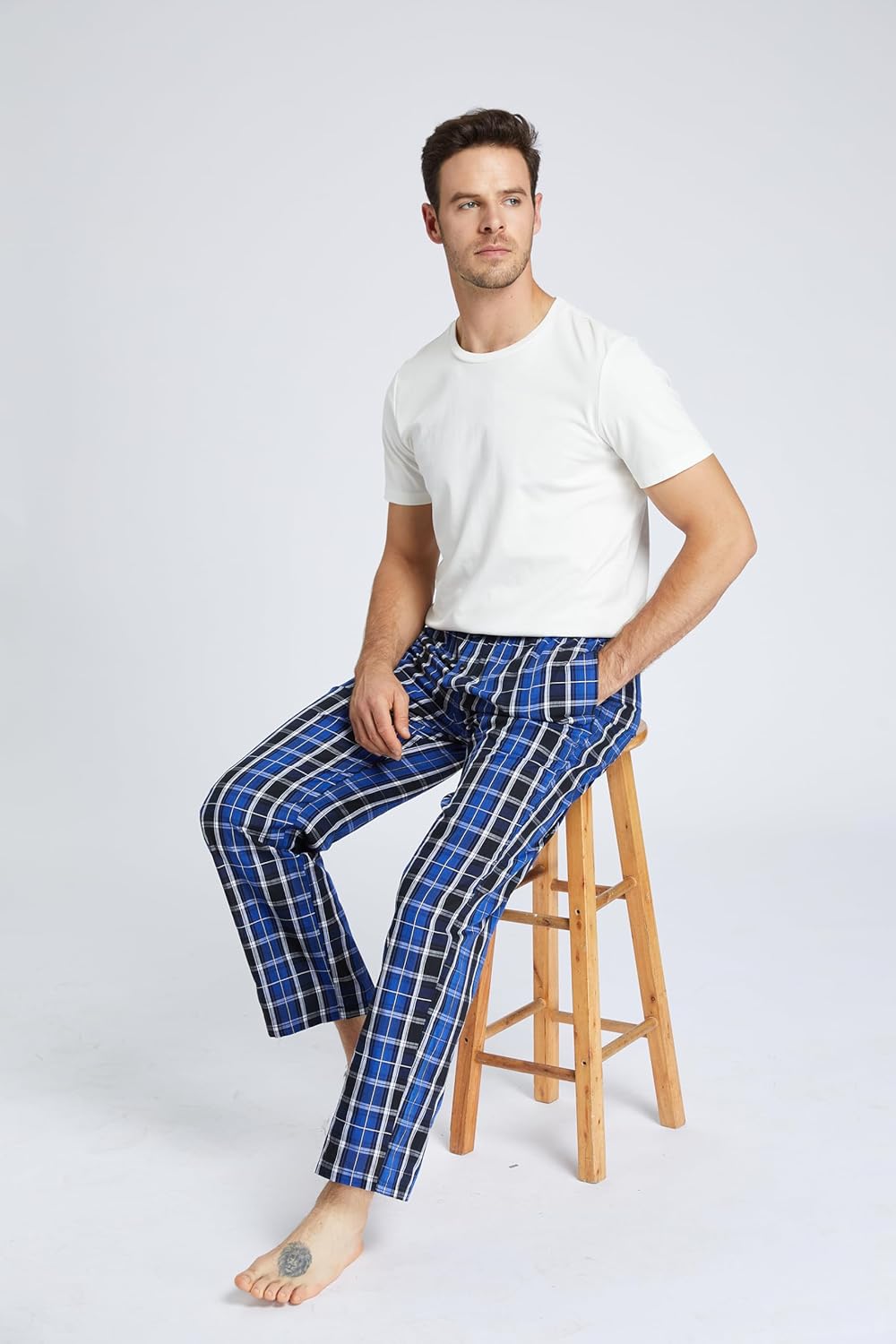 Herren 100% Baumwolle Pyjamahose, Gewebte kariert Schlafhose Loungewear Pyjama Hose mit Taschen, Bla
