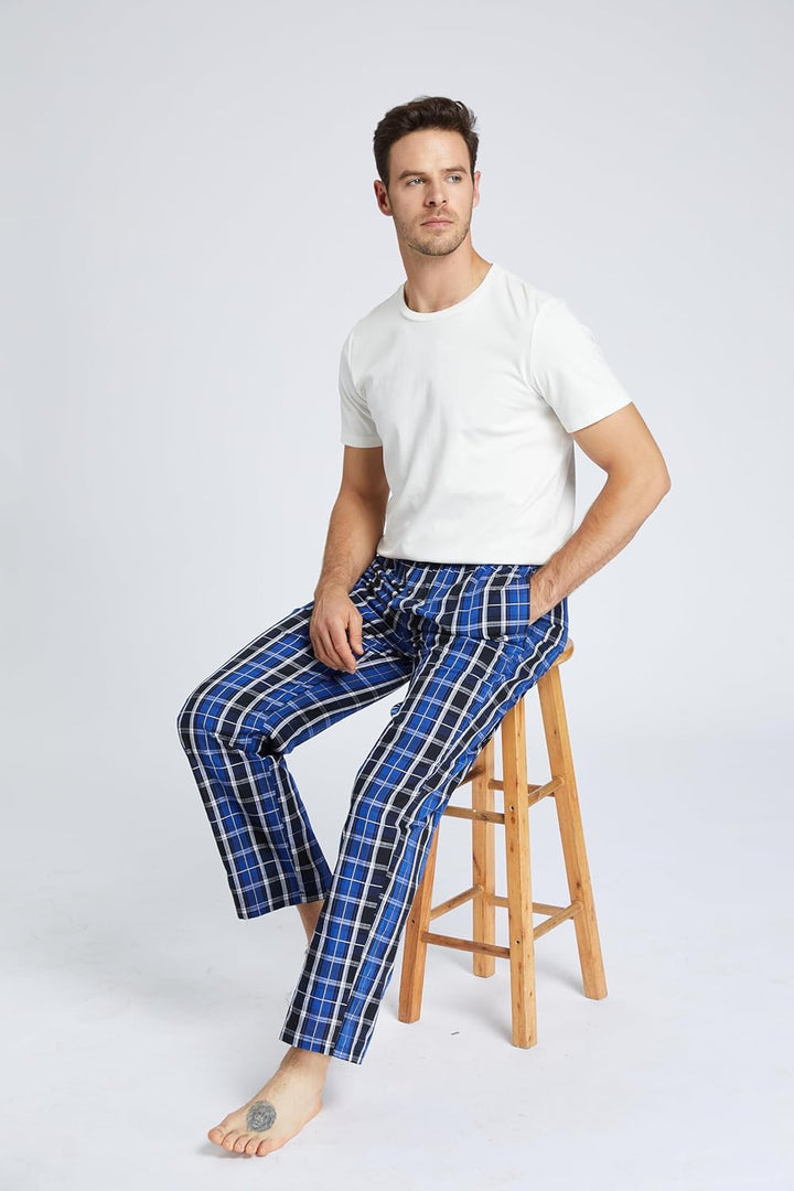 Herren 100% Baumwolle Pyjamahose, Gewebte kariert Schlafhose Loungewear Pyjama Hose mit Taschen, Bla