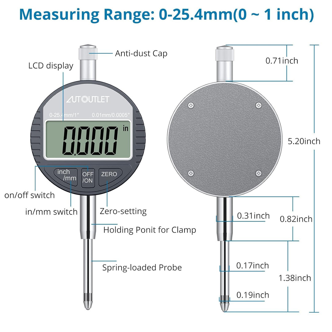 AUTOUTLET Digitale Messuhr 0.01/0.0005'', digitale Messuhr Messtaster 0-25.4mm/1'' Messbereich, mit