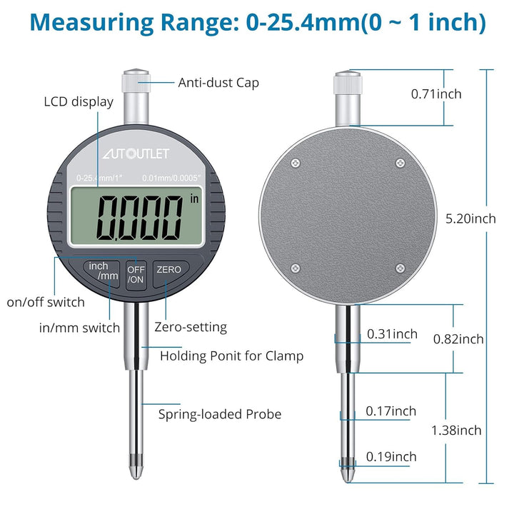 AUTOUTLET Digitale Messuhr 0.01/0.0005'', digitale Messuhr Messtaster 0-25.4mm/1'' Messbereich, mit