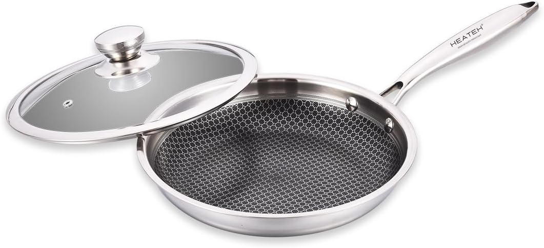 Kochgeschirr-Set aus 3 Pfannen und Wok, antihaftbeschichtet, aus Edelstahl, dreilagig, mit Glasdecke