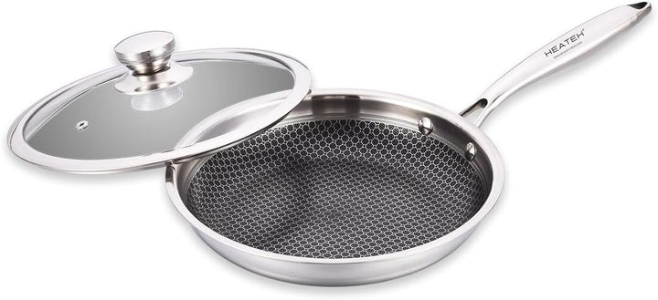 Kochgeschirr-Set aus 3 Pfannen und Wok, antihaftbeschichtet, aus Edelstahl, dreilagig, mit Glasdecke