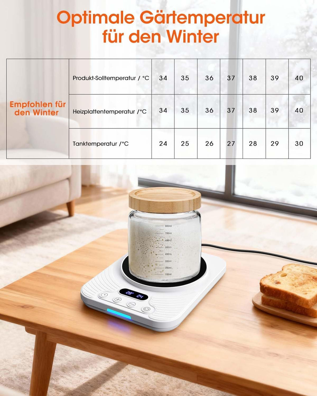 Sauerteigstarterwärmer, Wärmeplatte Präzise 1℃ Thermostat (21-43℃), 24H Timer, Automatische EIN/Aus-