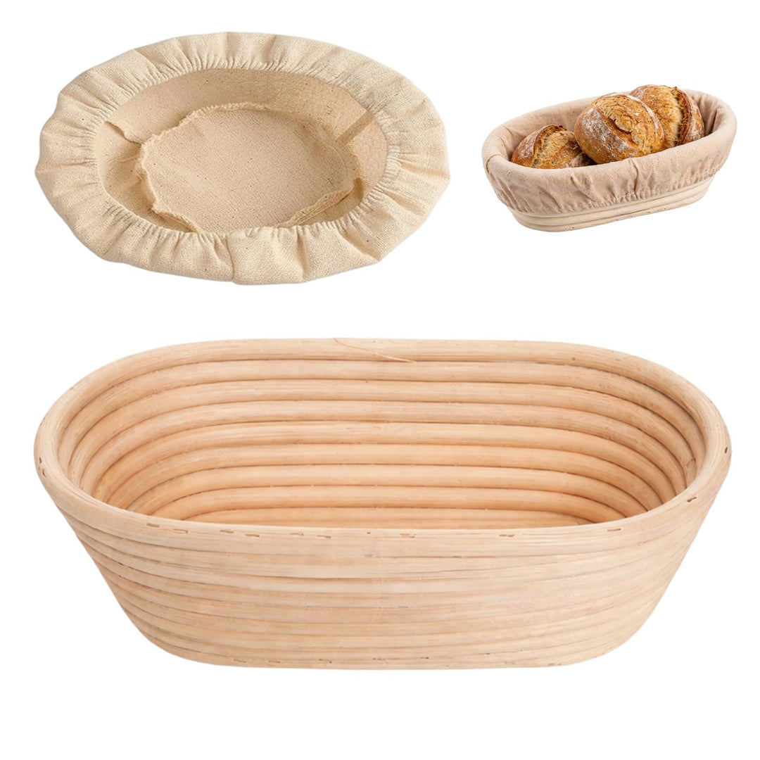 Ovales Gärkörbchen-Set (25x15x8 cm) mit Leinenhaube – Handgeflochtener Rattan-Gärkorb für Brotteig b