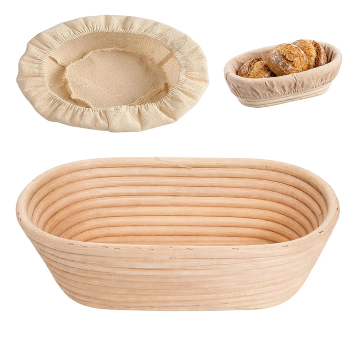 Ovales Gärkörbchen-Set (25x15x8 cm) mit Leinenhaube – Handgeflochtener Rattan-Gärkorb für Brotteig b