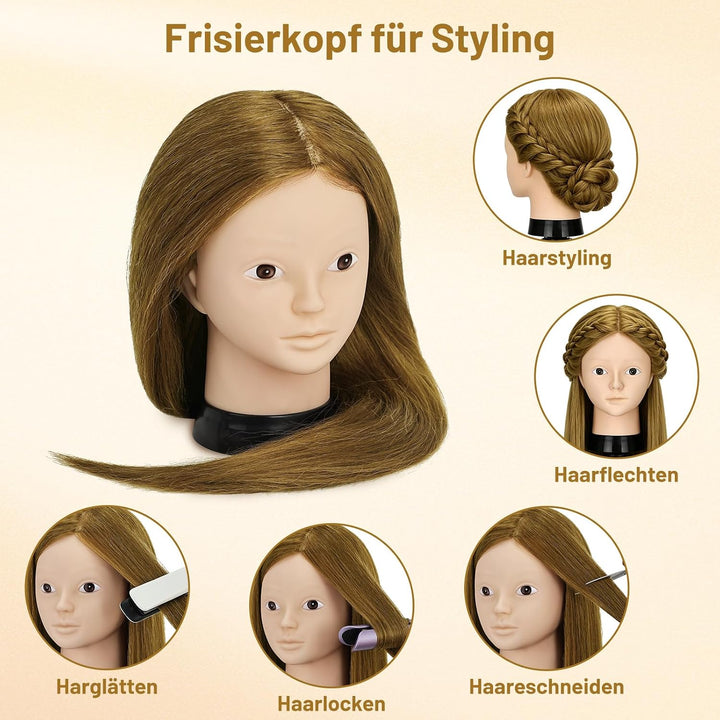 TwoWin Friseurkopf mit Haaren, 24 Zoll (61 cm) 80% Echthaar Mannequin Kopf, Make-up Übungskopf, Trai