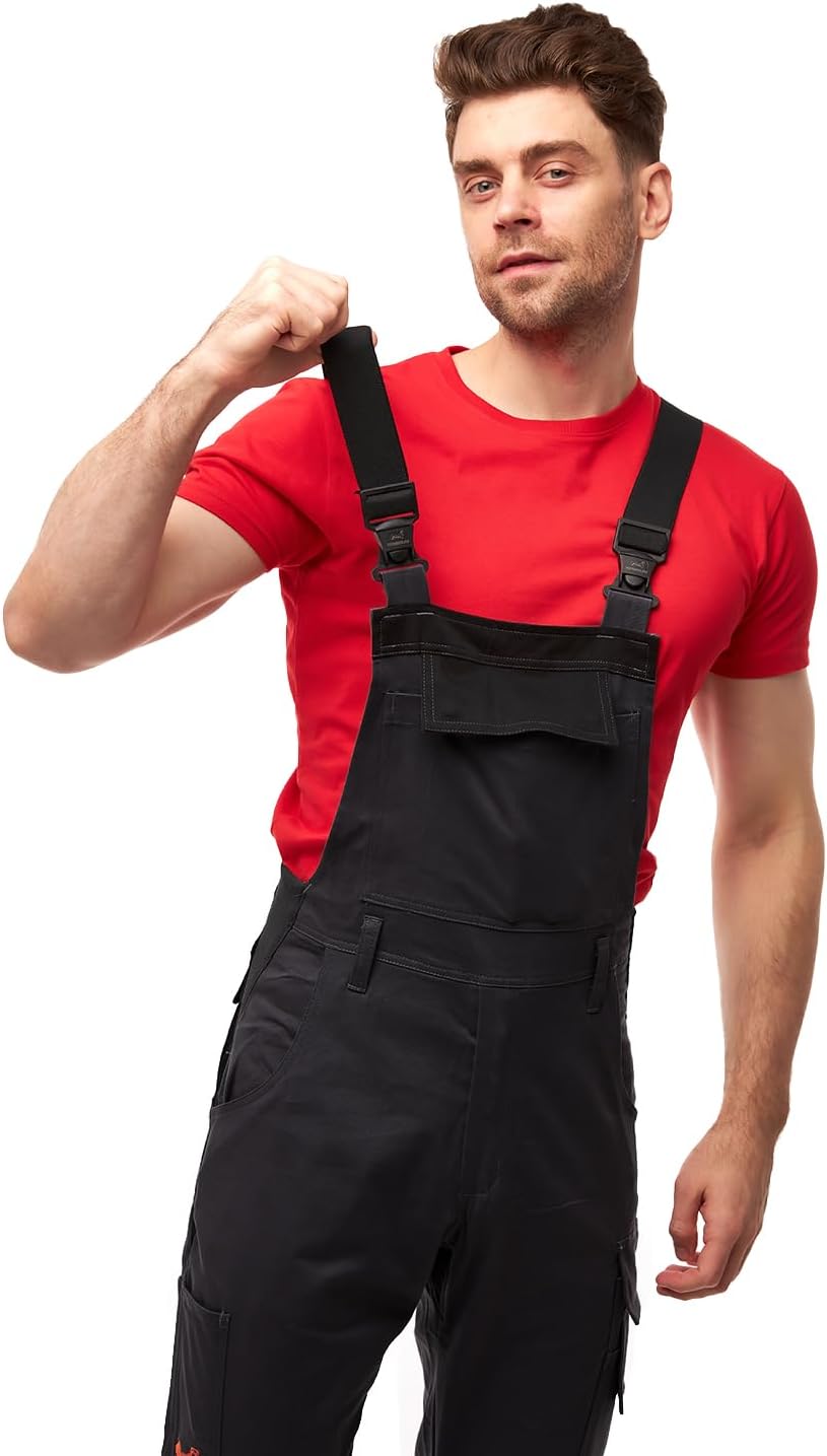 strongAnt Latzhose Herren Stretch Arbeitshose Arbeitslatzhose mit Kniepolstertaschen Schwarz Grau We