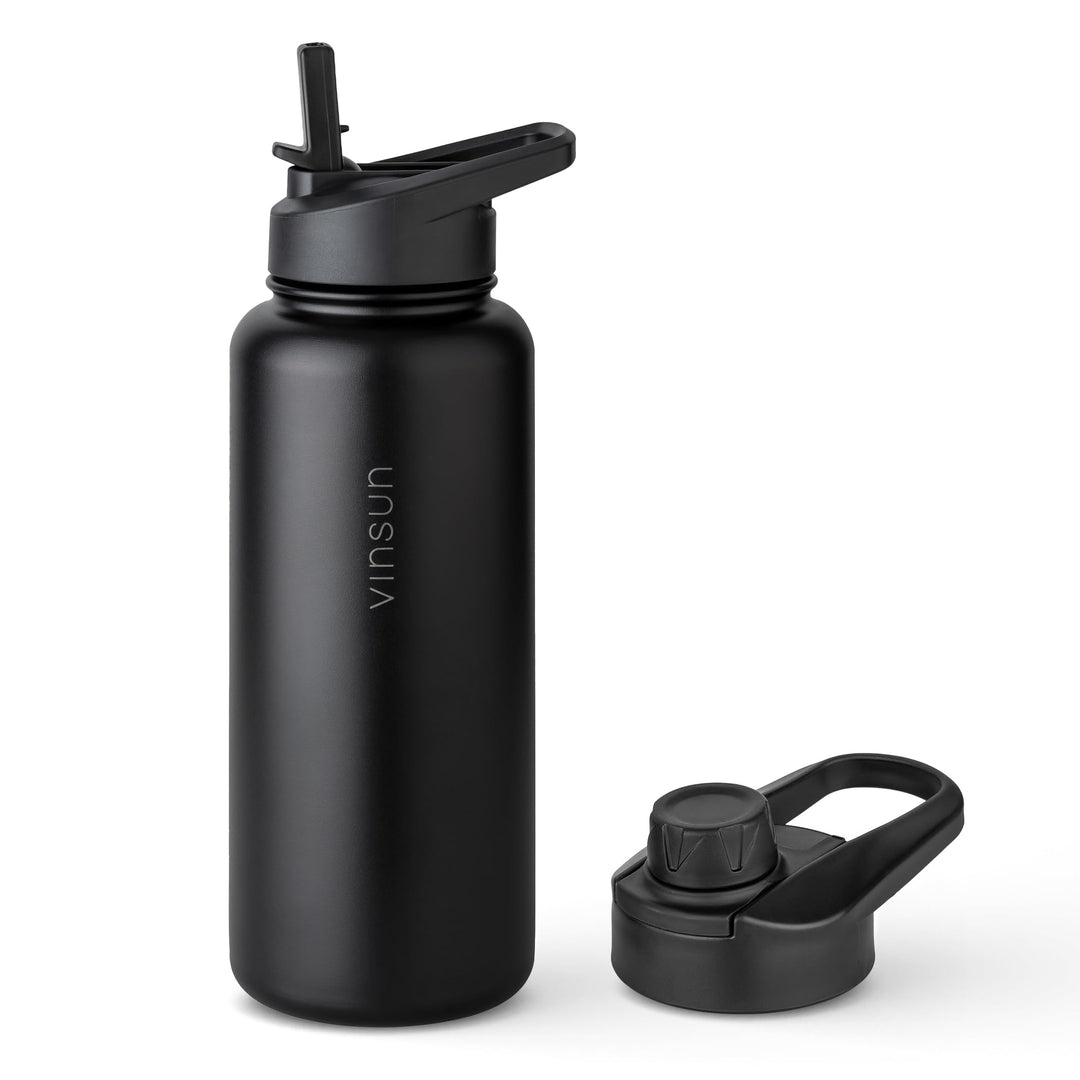 Vinsun Thermosflasche schwarz 1L - auslaufsicher, Kohlensäure geeignet, BPA frei - Strohhalm, Trinkö