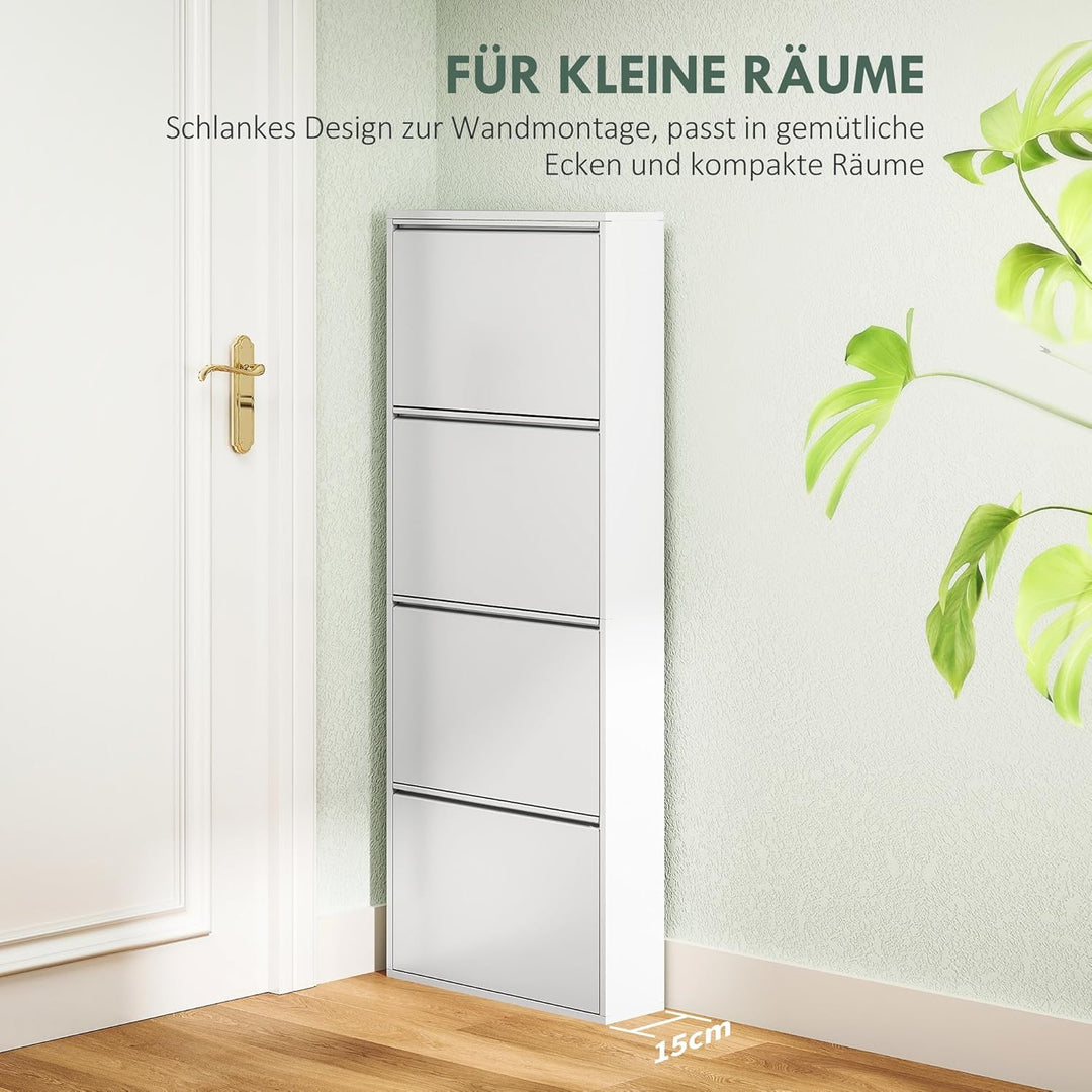 HOMCOM Schuhschrank Metall mit 4 Klappen Schuhkipper Schmal Schuhkommode Schuhregal Schuhablage Wand